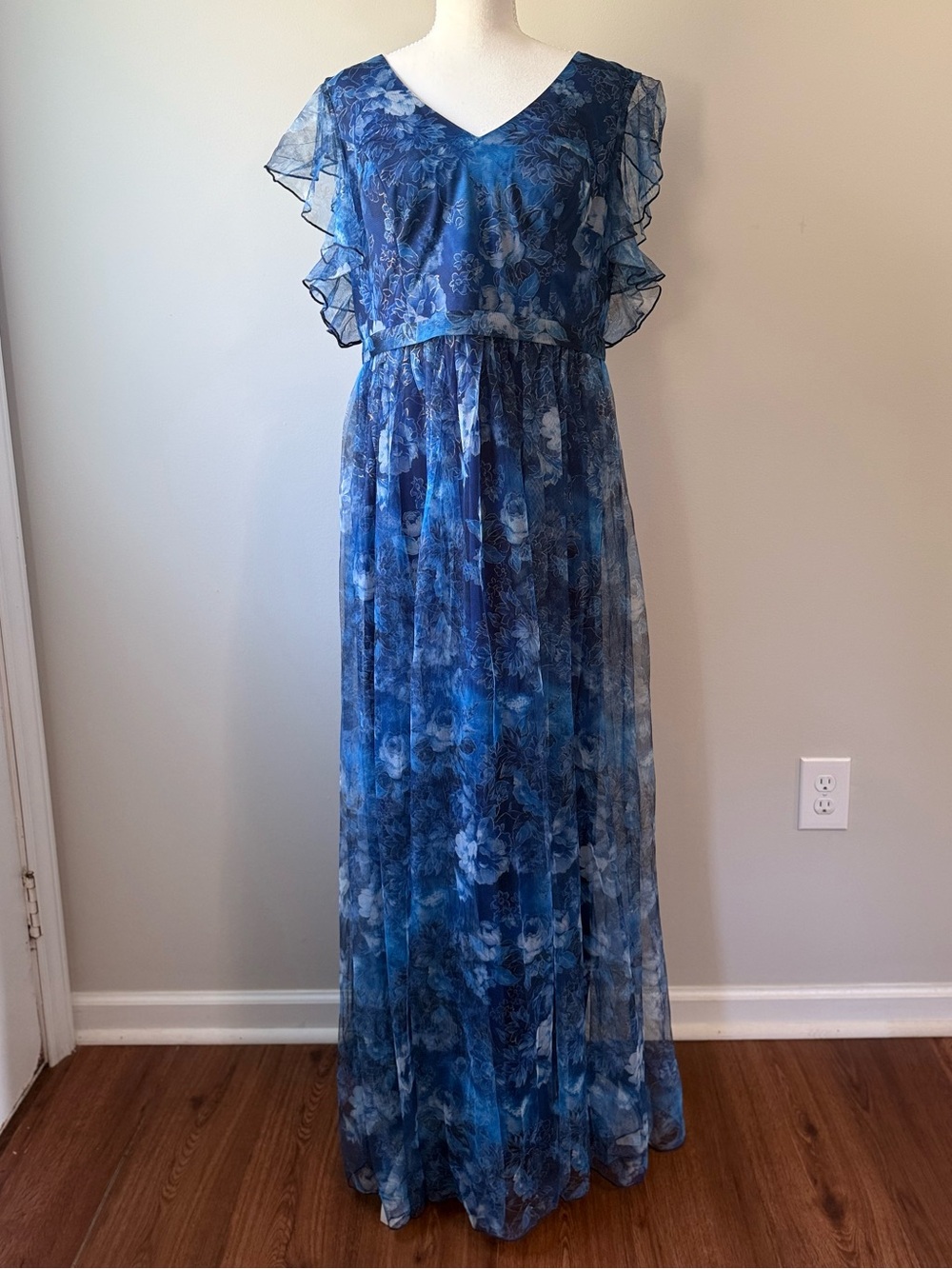 Mgiacy Blue Floral Ruffle Sleeve Maxi Dress Size XL